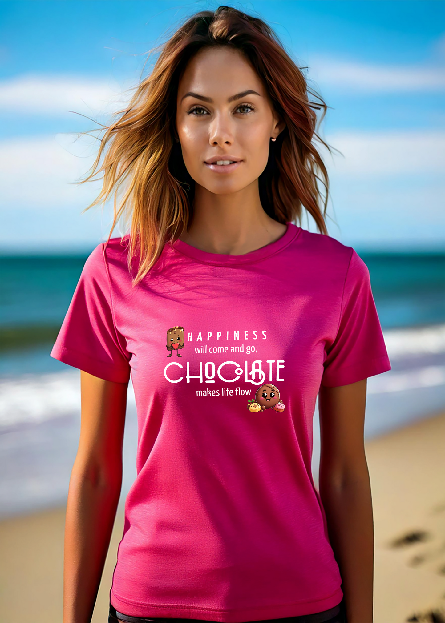 Chocolate Happiness T-shirt with White Text for Women