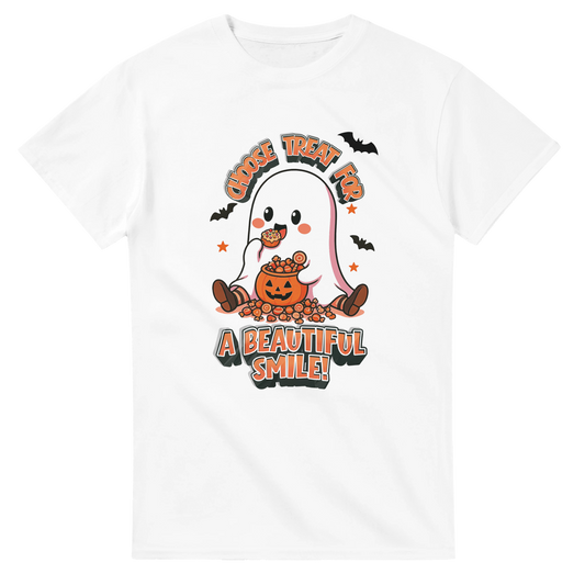 A white short-sleeve crewneck t-shirt featuring a colorful Halloween graphic of a smiling ghost and jack-o'-lantern with the text 'Choose Treat For A Beautiful Smile!'.